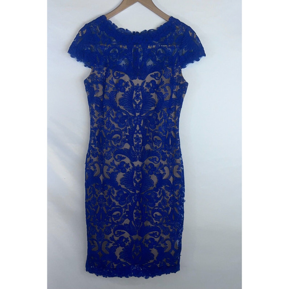 Tadashi Shoji Dresses & Skirts - Tadashi Shoji Corded Embroidery On Tulle Cap Sleeve Dress Mystic Blue Nude Sz 6